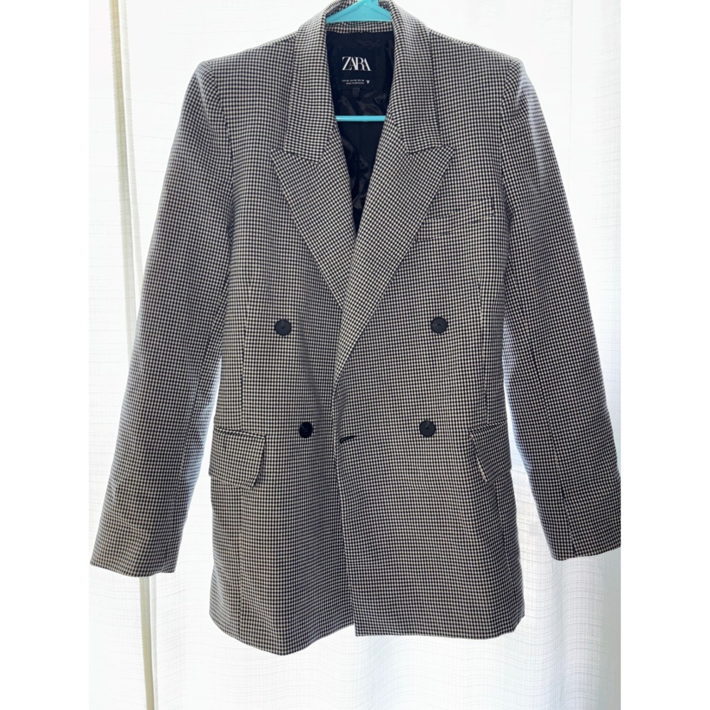 Zara Womens Double Breasted Gingham Check Blazer Jacket Black White XS